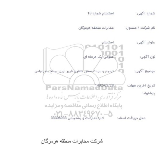 استعلام ترمیم و مرمت مسیر حفاری فیبر نوری سطح شهر بندرعباس