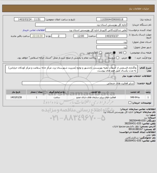 استعلام واگذاری قسمتی از خدمات نقلیه بهزیستی آزادشهر و توابع (مدیریت شهرستان یزد، مرکز خانه سلامت و مرکز کودکان خیابانی) به مدت یکسال طبق فرم های پیوست.