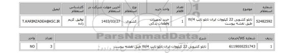 استعلام، تابلو کشویی 22 کیلووات ایران تابلو تایپ 4/W طبق نقشه پیوست