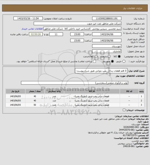 استعلام 3 قلم قطعات یدکی پمپ دورانی طبق شرح پیوست-