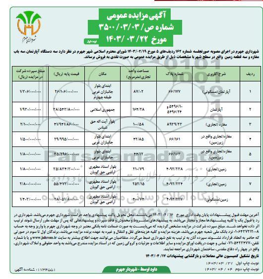 مزایده فروش سه دستگاه آپارتمان ،سه باب مغازه و سه قطعه زمین