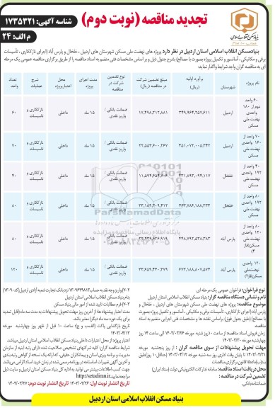 تجدید مناقصه  پروژه های نهضت ملی مسکن شهرستان های اردبیل ...نوبت دوم