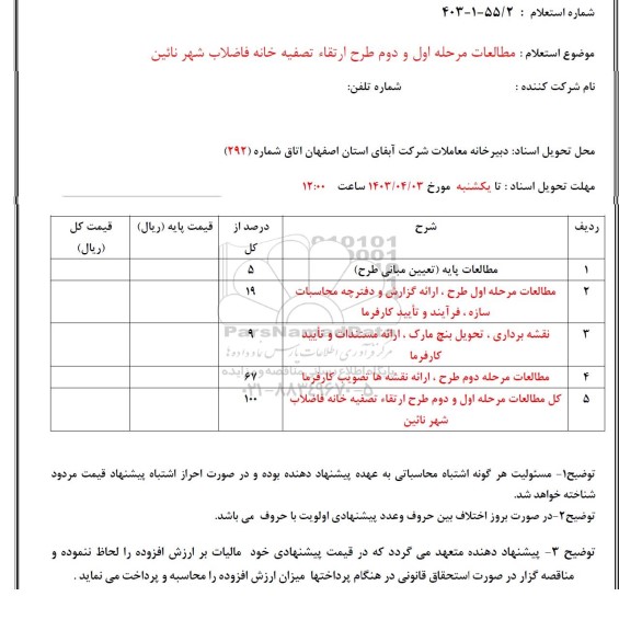 استعلام مطالعات مرحله اول و دوم طرح ارتقاء تصفیه خانه فاضلاب شهر نائین 