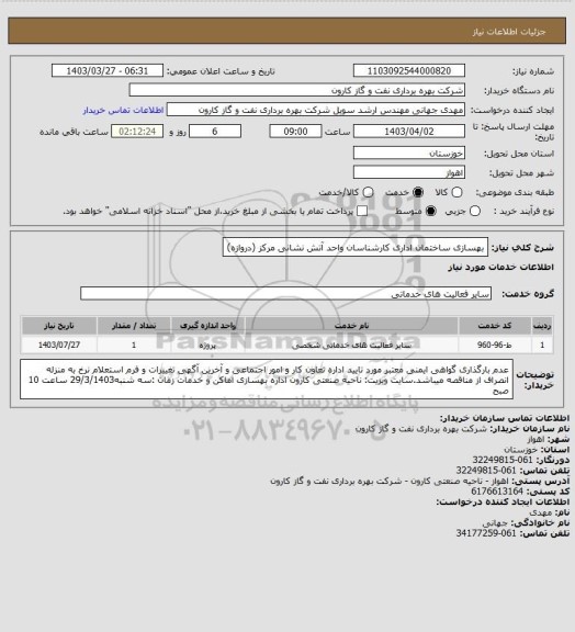 استعلام بهسازی ساختمان اداری کارشناسان واحد آتش نشانی مرکز (دروازه)