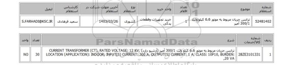 استعلام، ترانس جریان مربوط به موتور 6.6 کیلو ولت 300/1 آمپر