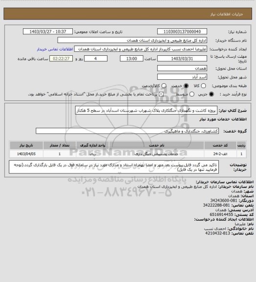 استعلام پروژه کاشت و نگهداری جنگلکاری پلاک شهراب شهرستان اسدآباد در سطح 5 هکتار