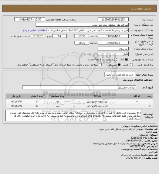 استعلام خرید دو قلم لوازم ابزار دقیق