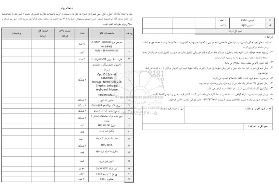 استعلام خرید تجهیزات نظارت تصویری سایت 2 شیرودی 