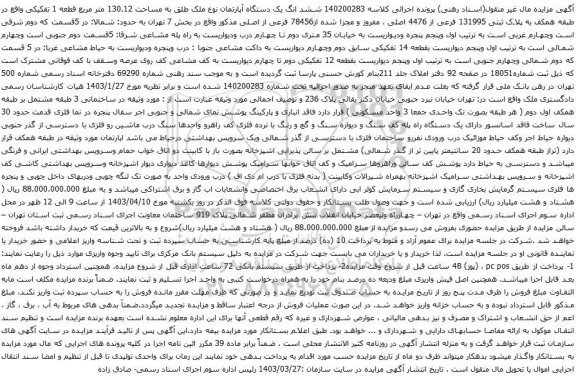 آگهی مزایده ششد انگ یک دستگاه آپارتمان نوع ملک طلق به مساحت 130.12 متر مربع قطعه 1 تفکیکی 