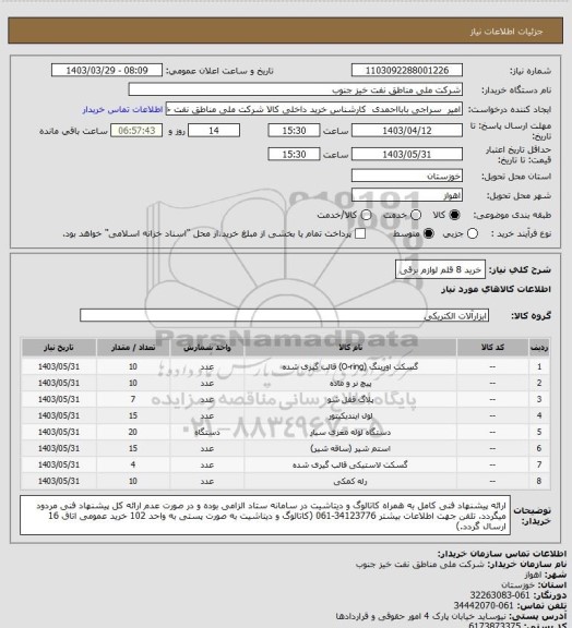 استعلام خرید 8 قلم لوازم برقی