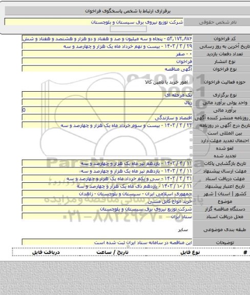 مناقصه, خرید انواع کابل مسی