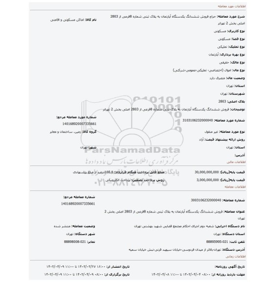 فروش ششدانگ  یکدستگاه آپارتمان به پلاک ثبتی شماره 8فرعی از 2803 اصلی  بخش 2 تهرانر