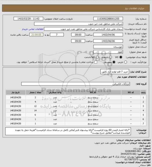 استعلام خرید 7 قلم لوازم ابزار دقیق