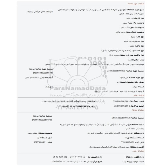 فروش ماترک 6 دانگ (حق کسب و پیشه ) یک مهمانپذیر از موقوفات حاج ملا علی کنی به پلاک ثبتی 1222 اصلی