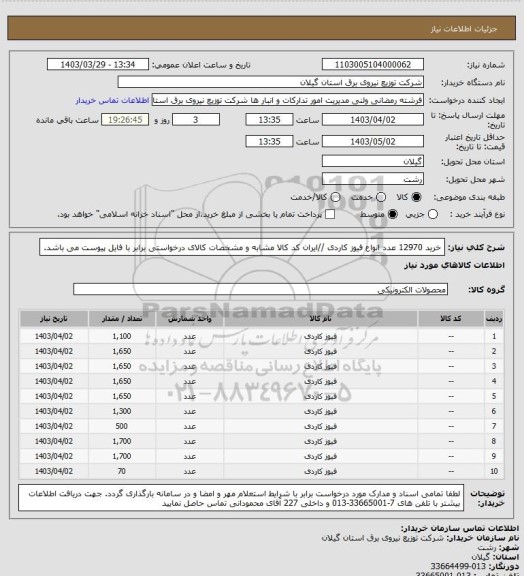 استعلام خرید 12970 عدد انواع فیوز کاردی //ایران کد کالا مشابه و مشخصات کالای درخواستی برابر با فایل پیوست می باشد.