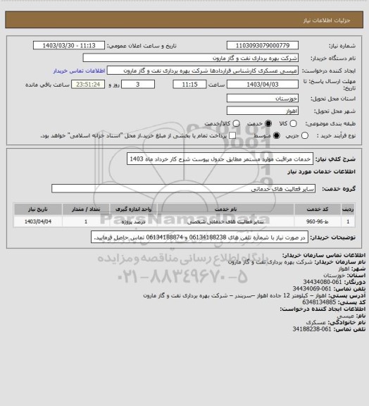 استعلام خدمات  مراقبت موارد مستمر مطابق جدول پیوست شرح کار خرداد ماه 1403