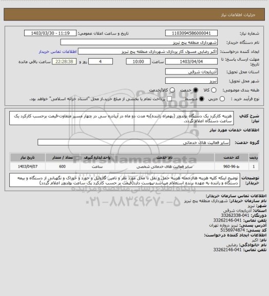 استعلام هزینه کارکرد یک دستگاه بولدوزر (بهمراه راننده)به مدت دو ماه در آرپادره سی در چهار مسیر متفاوت-قیمت برحسب کارکرد یک ساعت دستگاه اعلام گردد.