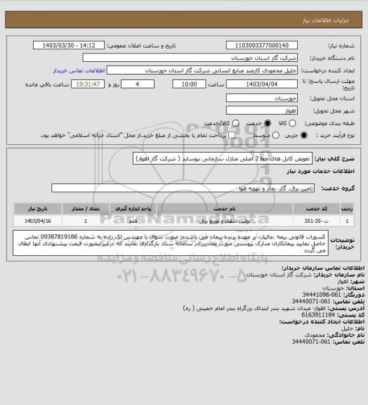 استعلام تعویض کابل های خط 2 اصلی منازل سازمانی نیوساید ( شرکت گاز اهواز)