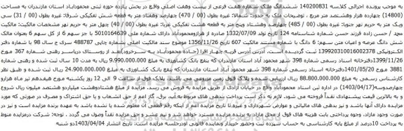 آگهی مزایده ششدانگ ملک شماره هفت فرعی از بیست وهفت اصلی واقع در بخش یازده حوزه ثبتی محموداباد استان مازندران به مساحت (14800) چهارده هزار وهشتصد متر مربع