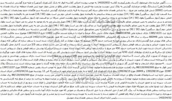 آگهی مزایده ششدانگ یکواحد مرغداری گوشتی به پلاک ثبتی دویست وشصت ونه فرعی از چهل وهشت اصلی