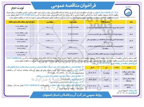 مناقصه اصلاح شبکه توزیع آب و انشعابات روستاهای... / نوبت دوم