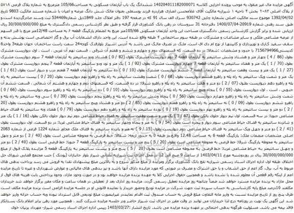 آگهی مزایده ششدانگ یک باب آپارتمان مسکونی به مساحت105/66 مترمربع به شماره پلاک فرعی ۵۷۱۸ از پلاک اصلی ۲۰۸۳ بخش ۴ ناحیه ۱ 