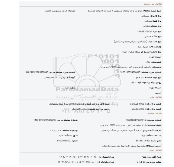 یک واحد آپارتمان مسکونی به مساحت 120/33 متر مربع