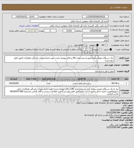 استعلام یک دستگاه خودرو سواری(پزو یاسمند)مدل 99 و بالاتر بهمراه راننده جهت انجام امورات رانندگی همکاران (طبق فایل پیوستی)