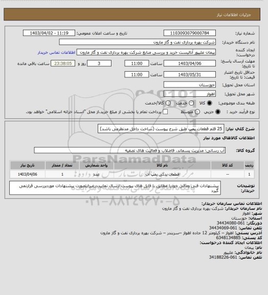 استعلام 25 قلم قطعات پمپ طبق شرح پیوست (ساخت داخل مدنظرمی باشد)