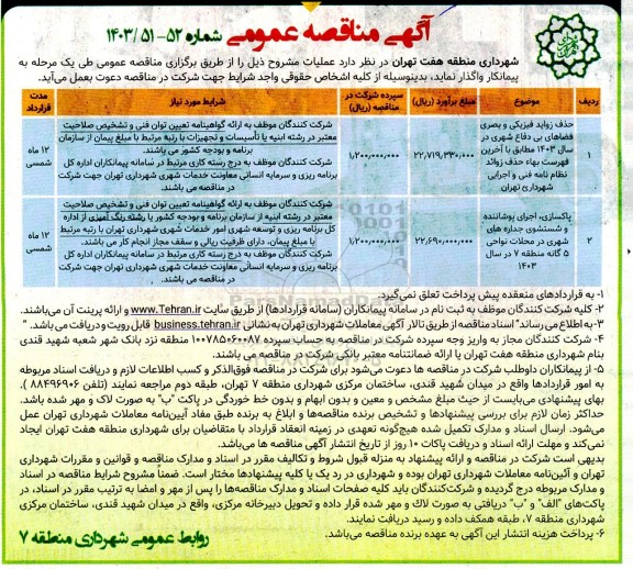 مناقصه عملیات حذف روادید فیزیکی و بصری فضاهای بی دفاع شهری و...