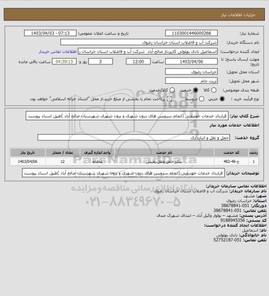 استعلام قرارداد خدمات خودرویی (انجام سرویس های درون شهری و برون شهری شهرستان صالح آباد )طبق اسناد پیوست