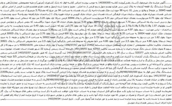 آگهی مزایده  ششدانگ یک قطعه آپارتمان به پلاک ثبتی سی هزارو نهصدو چهل و پنج فرعی از ده اصلی 