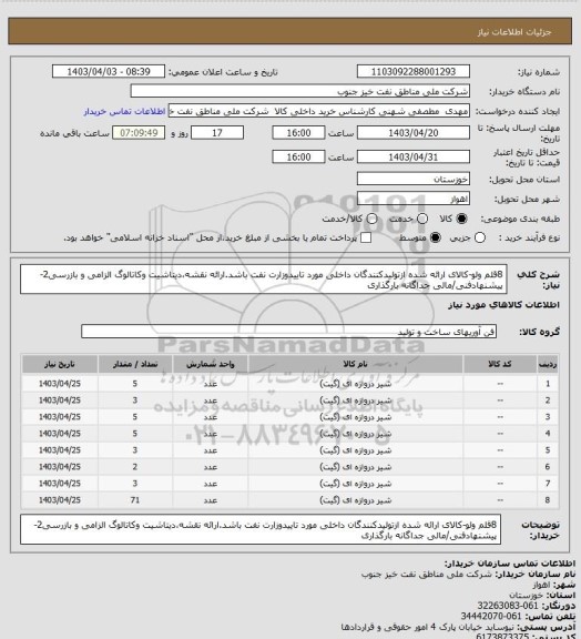 استعلام 8قلم ولو-کالای ارائه شده ازتولیدکنندگان داخلی مورد تاییدوزارت نفت باشد.ارائه نقشه،دیتاشیت وکاتالوگ الزامی و بازرسی2-پیشنهادفنی/مالی جداگانه بارگذاری