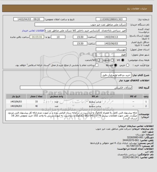 استعلام خرید دو قلم لوازم ابزار دقیق