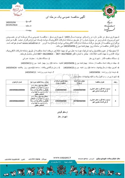 مناقصه ترمیم و لکه گیری و معابر اصلی فرعی