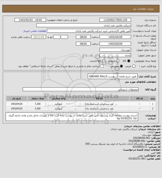 استعلام  طبق شرح تقاضا در پیوست CERAMIC BALLS