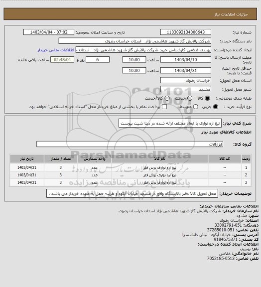 استعلام تیغ اره نواری با ابعاد مختلف ارائه شده در دیتا شیت پیوست