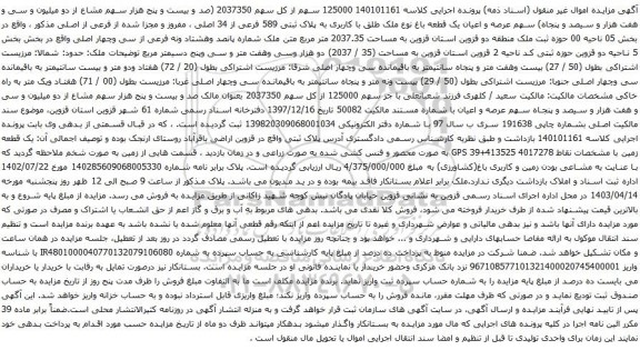 آگهی مزایده  125000 سهم از کل سهم 2037350 (صد و بیست و پنج هزار سهم مشاع از دو میلیون و سی و هفت هزار و سیصد و پنجاه)