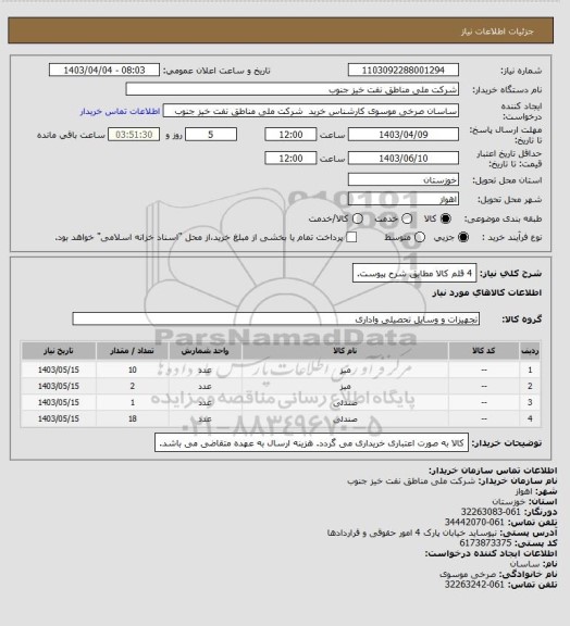 استعلام 4 قلم کالا مطابق شرح پیوست.