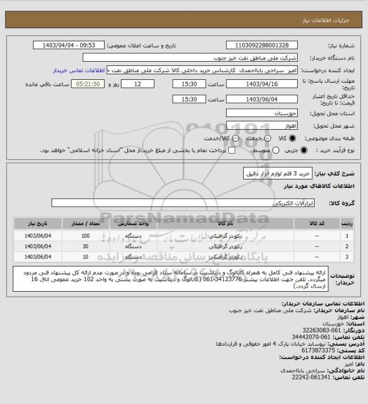 استعلام خرید 3 قلم لوازم ابزار دقیق