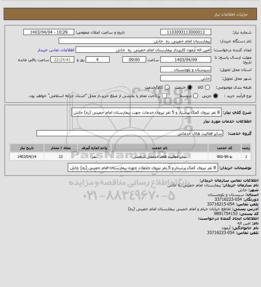 استعلام 8 نفر نیروی کمک پرستار و 5 نفر نیروی خدمات  جهت بیمارستان امام خمینی (ره) خاش