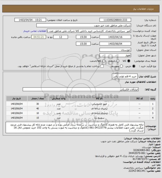 استعلام خرید 4 قلم لوازم برقی