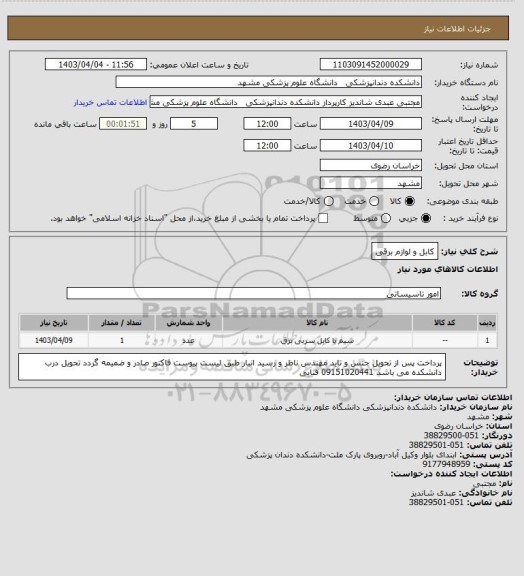 استعلام کابل و لوازم برقی