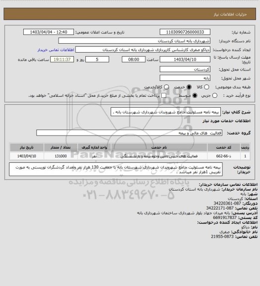 استعلام بیمه نامه مسئولیت جامع شهروندان  شهرداری شهرستان بانه  .