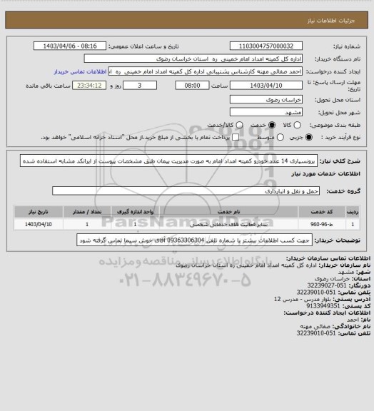 استعلام برونسپاری 14 عدد خودرو  کمیته امداد امام  به صورت مدیریت پیمان طبق مشخصات پیوست از ایرانکد مشابه استفاده شده