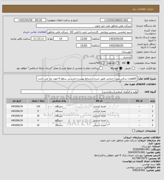 استعلام 5قطعات یدکی مبدل حرارتی طبق شرح و شرایط پیوست-بازرسی سطح 4 مورد نیاز می باشد