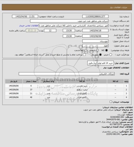 استعلام خرید 14 قلم لوازم ابزار دقیق