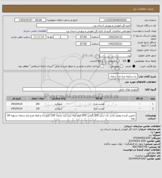 استعلام ران و فیله مرغ تازه شمال