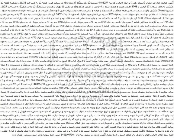 آگهی مزایده ششدانگ یکدستگاه آپارتمان واقع در سمت غربی طبقه یک به مساحت 111/33 مترمربع