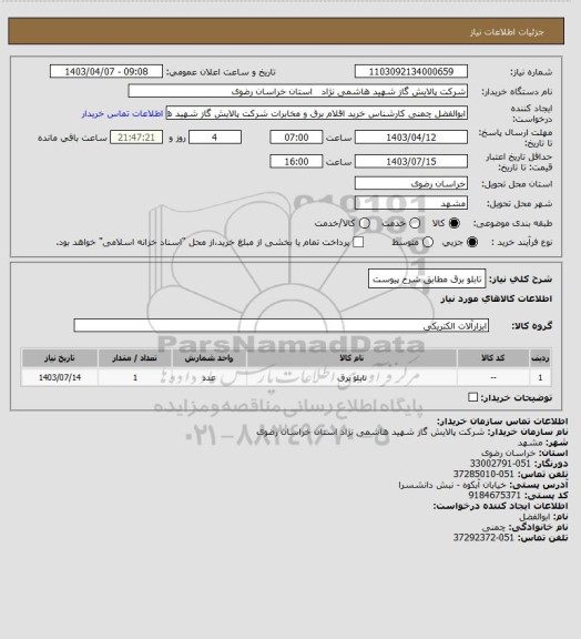 استعلام تابلو برق مطابق شرح پیوست